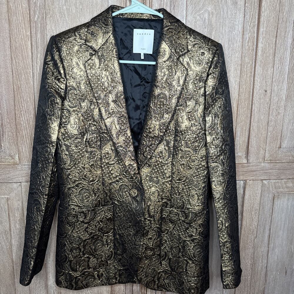 Sandro Paris Gold Black Baroque Brocade Blazer EU 34